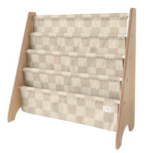 3 Sprouts Recycled Fabric Kids Book Rack Storage Bookshelf Organizer in Beige Checkerboard for Ages 3+