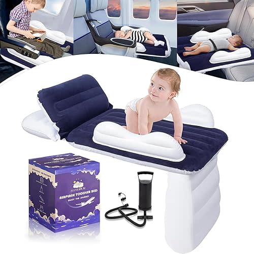 Inflatable Kid Airplane Bed,Airplane Travel Beds Kids 0-4 Years(Dark Blue),Inflatable Toddler Travel Bed with Pump,Seat Belt and Travel Bag