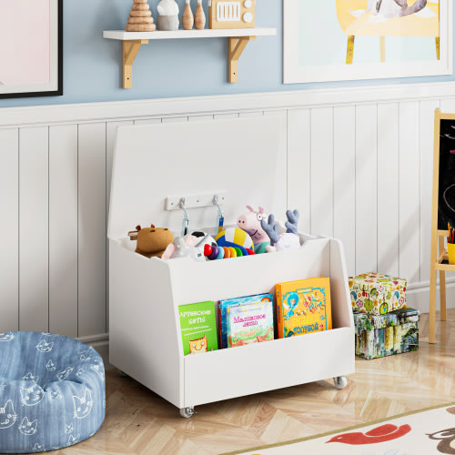 Homfa Kids Toy Box, Wood Toy Chest Storage Cabinet with 360-degree Rotating Wheels, White