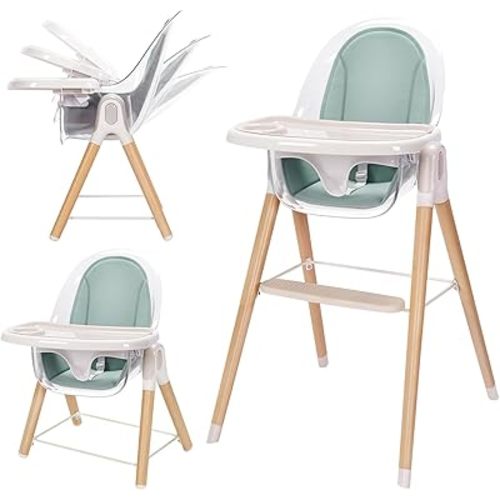 Baby High Chair, 6-in-1 Convertible Wooden High Chair, Recline Chair with Adjustable Hardwood Leg, High Chairs for Babies and Toddlers, Double Dishwasher Safe Tray & Premium Leatherette