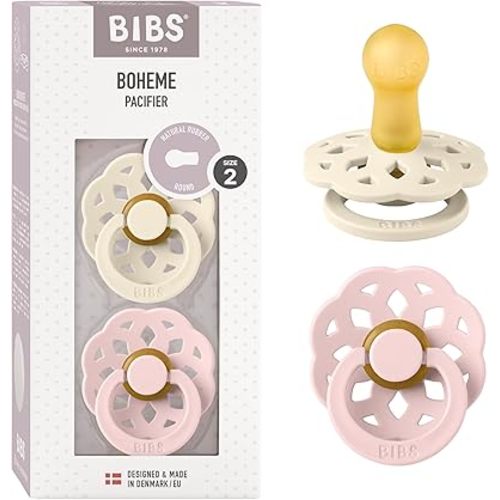 BIBS Pacifiers - Boheme Collection | BPA-Free Baby Pacifier | Made in Denmark | Set of 2 Ivory/Blossom Color Premium Soothers | Size 6-18 Months