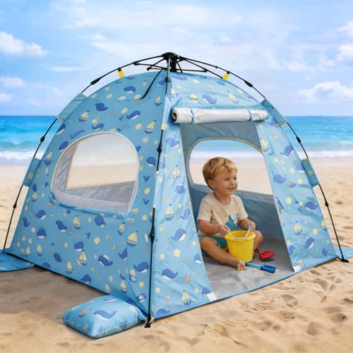 Baby Beach Tent Pop Up Sun Shelter with UPF 50+ UV Protection, Silver-Coated Interior, Breathable Mesh Ventilation, Easy Setup, Wind-Stable Beach Shade for Infants & Toddlers