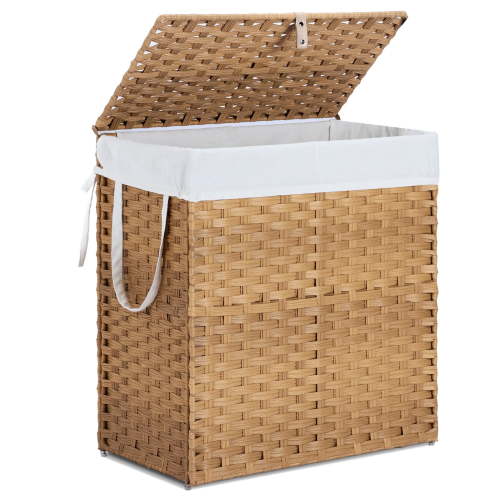 Alvantor 110L Foldable Laundry Basket with Lid, Hand-Woven Hamper w/Removable Liner, Yellow