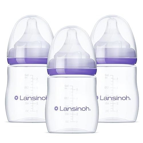 Lansinoh Anti-Colic Baby Bottles, BPA-Free Plastic, 8 Ounces, 3 Count, Medium Flow Nipples (Size M), Breastfeeding Bottle with NaturalWave Design, Baby Essentials