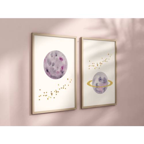 Purple Planet Set of 2 Nursery Art Prints, Wall Art, Galaxy Nursery Decor, Play Room, Girl space Baby Room Ideas, 011