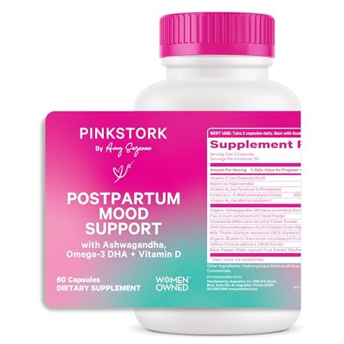 Pink Stork Postpartum Mood Support - Postnatal Hormone Balance for Women - Breastfeeding Friendly - Stress & Cognitive Support, New Mom Essentials - Ashwagandha, Chamomile, & Vitamin D, 60 Capsules