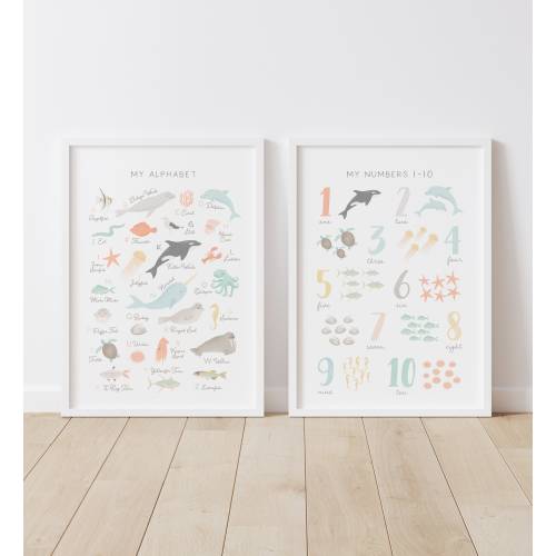 Animal Alphabet and Numbers Prints, Beach Nursery Decor, PRINTABLE Wall Art, Ocean ABC Poster, Kids Room Decor, Digital Download