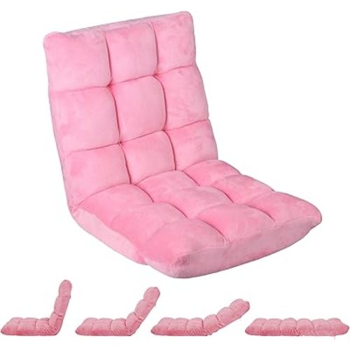 SUPER DEAL 14-Position Folding Floor Chair Gaming Sofa Cushioned Padded Reclining Bed Lounge Couch Seating for Comfy Reading, Reading, Gaming, Relaxing, Watching TV, Pink