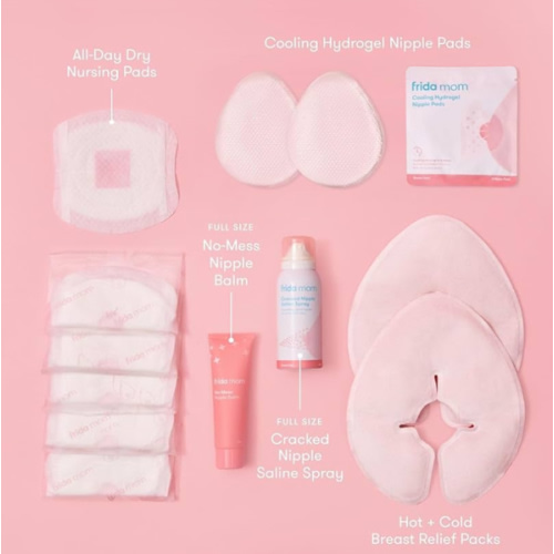 Frida Mom Breastfeeding Survival Kit for Nursing Moms, Reusable Hot+Cold Breast Relief Packs, Hydrogel Nipple Pads, Cracked Nipple Saline Spray, Nipple Balm, Nursing Pads, 13 Piece Gift Set