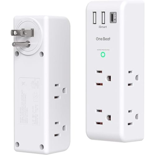 Surge Protector Outlet Extender with Rotating Plug, One Beat 6 AC Multi Plug Outlet with 3 USB Ports (1 USB C), 1800 J, 3-Sided Swivel Power Strip Spaced Outlet Splitter for Dorm Office, White-2 Pack