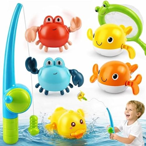 TOY Life Bath Toys for Kids Ages 1-3, Magnetic Fishing Game with Mold Free Wind Up Bath Toys for Toddlers 1-3 & Toy Fishing Pole & Fishing Net, Water Table Pool Fun Bathtub Toys for Baby Infant