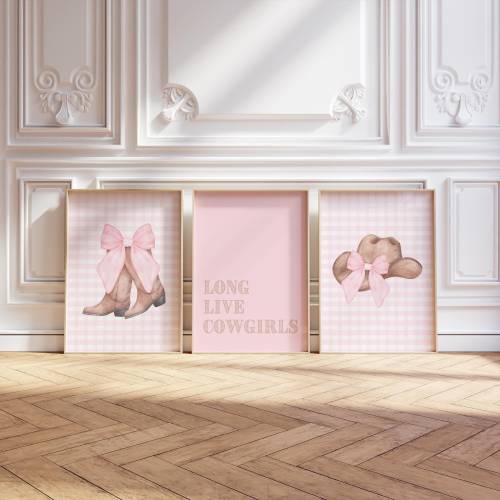 Cowgirl Hat and Boots Nursery Wall Art Set with Pink Bow - Coquette Room Decor