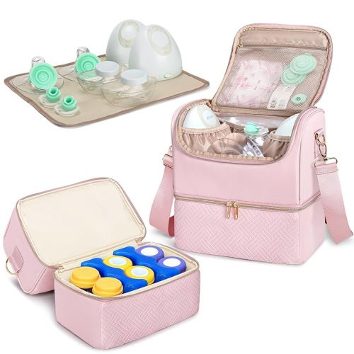 Fasrom Breast Pump Bag with Cooler Compartment Compatible with Momcozy, Medela and Willow Hands Free Pump, Pumping Tote with Waterproof Mat, Pink