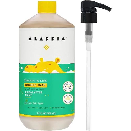 Alaffia Babies & Kids Bubble Bath, Eucalyptus Mint, Pump Included – Gentle Cleanser with Raw Shea Butter and Lemon Balm, 32 Fl Oz