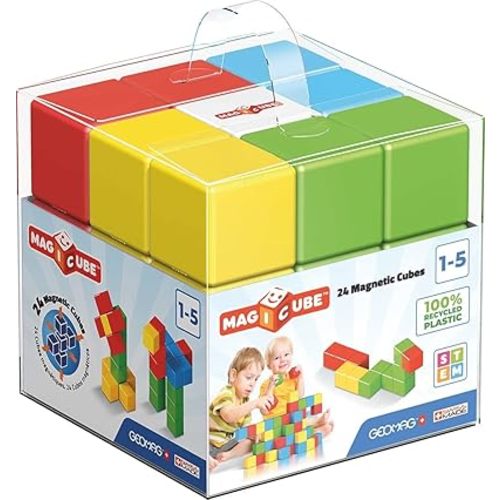 Geomag Premium Swiss-Made MagiCube 24-Piece Magnetic Stacking Cubes Building Set, Toddlers and Kids Ages 1-5, STEM Educational Toy, Creativity, Imagination, Early Learning Fun, Crystal Packaging