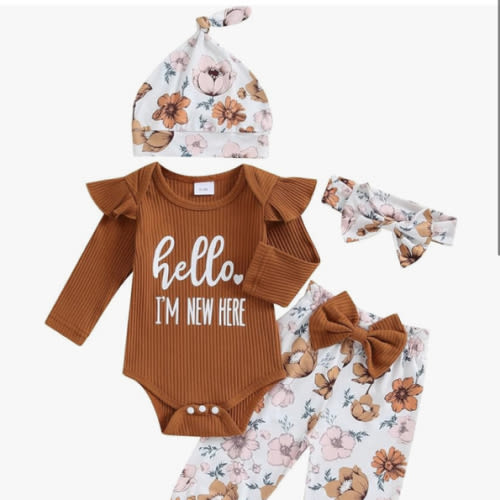 Hello World Newborn Outfit Baby Girl Going Home Outfit Ruffle Ribbed Romper Top Floral Pants Set Cute Summer Clothes