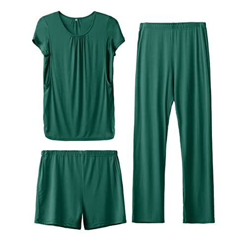 SUNNYBUY Womens Maternity Nursing Pajamas Set, Short Sleeve Breastfeeding Shirts,Pregnancy Shorts & Pants 3 Piece Nursing PJS