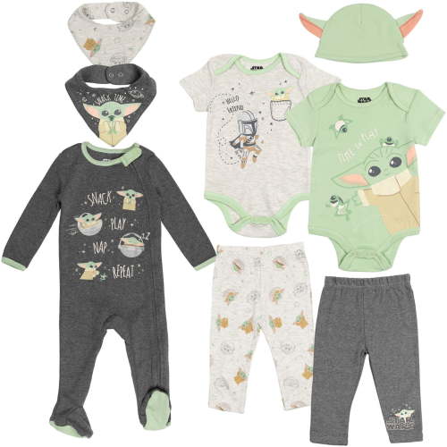 Star Wars Mandalorian Baby Yoda 8 Piece Outfit Set: Bodysuits, Sleep N' Play, Pants, Hat and Bibs for Newborn to Infant