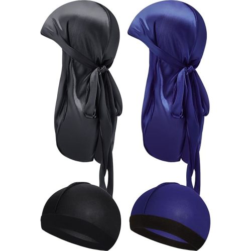 4 Pieces Kids Silky Durag with Wave Caps Set Unisex Baby Durags Long Tail and Wide Strap Headwraps Turban Beanies