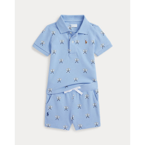 Tennis-Print Mesh Polo Shirt & Short Set