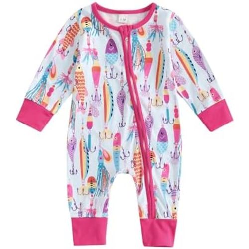 Newborn Baby Boy Girl Fishing Outfit Long Sleeve Zipper Fish Print Romper Jumpsuit Infant Coming Home Clothes