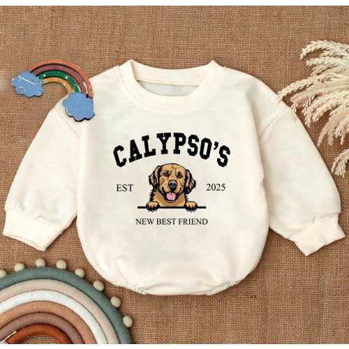 Custom Dogs New Best Friend Romper Sweatshirt, Personalized Dog Best Friend Newborn Outfit, Dog Name Baby Romper, Dog Lover Gift for Babies