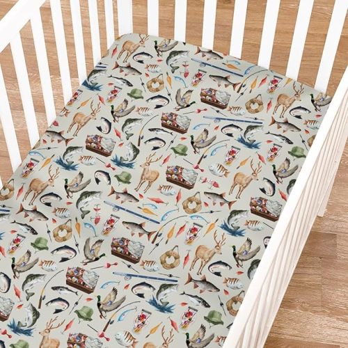 Vintage Hunting Fishing Baby Crib Sheets, 52"x28" Fishing Hunting Deer Ducks Crib Mattress Covers, Soft Breathable Animal Print, Green, Crib Size