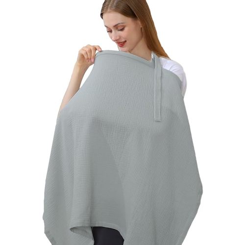 Hicoco 100% Muslin Cotton Breastfeeding Cover, Multi-use Nursing Covers with Arch Neckline, Breathable Nursing Apron (grey)