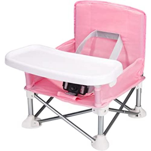 Agudan Baby Travel Booster Seat - Toddler Foldable Camping Chair | Compact Portable Baby Seat with Removable Dining Tray for Boys Girls (Pink)