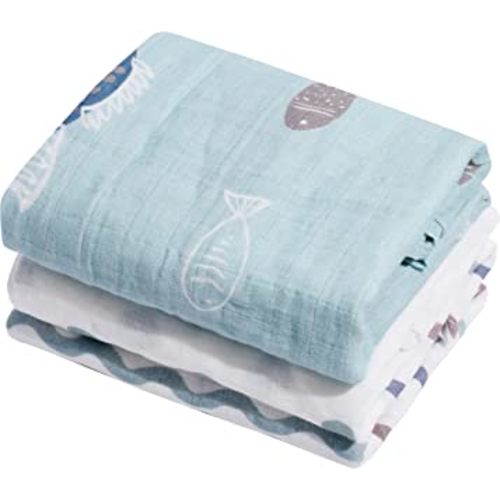Muslin Baby Quilt 100% Cotton Newborn Blanket 47" X 47" 2 Layers Muslin Swaddle for Boy and Girl (Ocean Series)