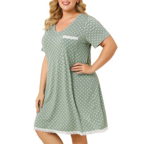 Agnes Orinda Women's Plus Size Pajamas Polka Dots Lace Trim V Neck Short Sleeve Lounge Midi Nightgowns with Pocket 3X Green