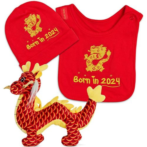 2024 Chinese Year of the Dragon Gift Set - Born in 2024 Bib, Beanie & Dragon Plush Toy Gift Set - Unisex, 100% Cotton, 0-24 Months - Lunar New Year Gifts for Newborn Baby Girl and Boy Birthdays
