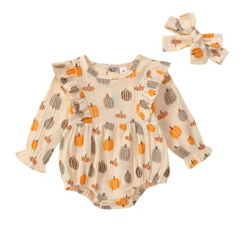 SAYOO Baby Girl Halloween Christmas Romper Cotton Linen Pumpkin Smocked Bubble Romper Bodysuit Off Shoulder Jumpsuit Outfit