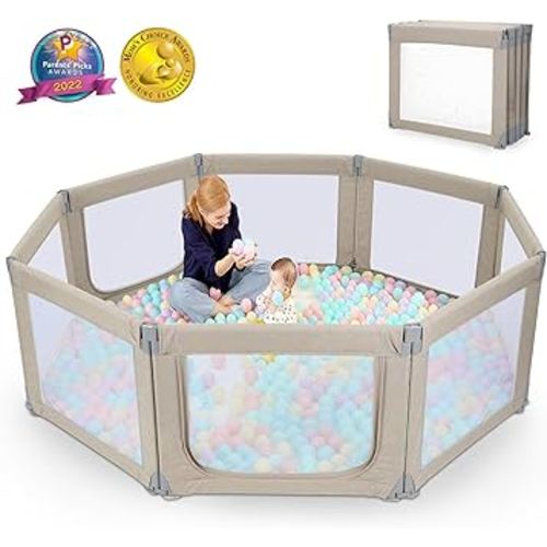 Baby Playpen, Kidirect Foldable Playpen Large Play Center Yards Play Pens for Babies, Shape & Size Adjustable Portable Infant Playpen Baby Fence Play Yard Safety Toddler Playpen(Liner Brown,71"×69")