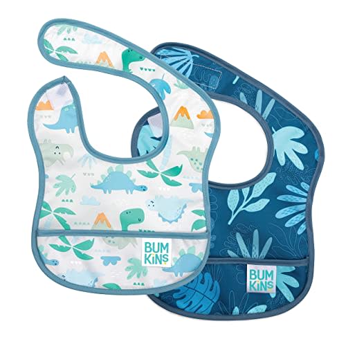 Bumkins Bibs, for Baby Girl or Boy, Infant 3-9 Months, Essential Must Have for Eating, Feeding, Baby Led Weaning, Mess Saving Waterproof Soft Fabric, Starter Bib 2-pk Blue Tropic and Dinosaurs