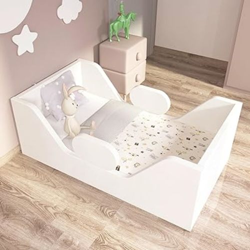 Toddler Bed, Child Bed for Kids with Extra Safty Broad, Standard Crib Size Toddler Bed, Certified Fabric Toddler Beds,Toddler Flood Bed (White)
