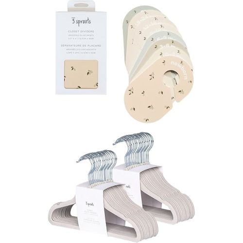 3 Sprouts Closet Dividers & Hangers Bundle - 8 Baby Size Dividers (Olive) and 30 Velvet Hangers for Baby Clothes (Gray)