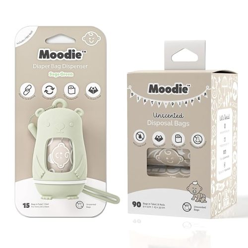 Moodie Teddy Bear Diaper Bag Dispenser w/Silicon Strap (SAGE GREEN) & 6 Refill Roll PACK (UNSCENTED - 105 Bags TOTAL) | Diaper Bag Essential Items