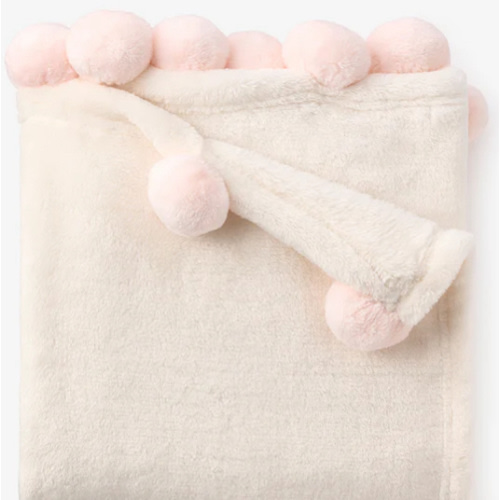 Pale Pink Pom Trim Fleece Baby Stroller Blanket PINK / 30X40