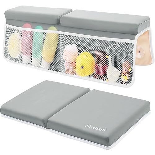 Bath Kneeler and Elbow Rest Pad Set, Thick and Quick Dry Kneeling Pad Support for Knee and Arm, Extra Large Baby Bath Kneeler Pads Bathtub Mat with Toys Organizer for Baby Bath Time, Grey