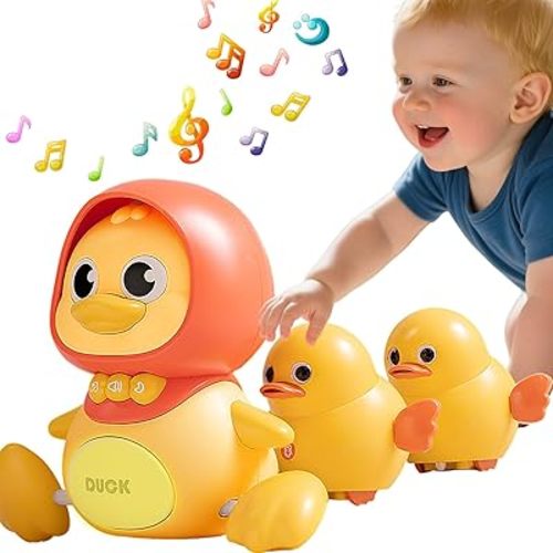 Baby Crawling Toys Set-Magnetic Swaying Ducks for 6-12 Months, Tummy Time Toys with Music and Lights - Perfect 1st Birthday Gift for Boys and Girls, Ideal (1 Duck mom + 2 Ducklings)