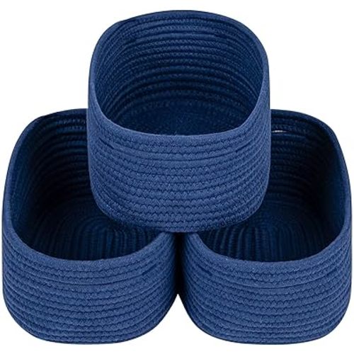 CubesLand Small Storage Baskets for Shelves, Navy Blue Closet Organization Storage Bins Empty Gift Basket 3 Packs Baby Nursery Woven Baskets for Organizing, Rectangular Clothes Closet Shelves Baskets