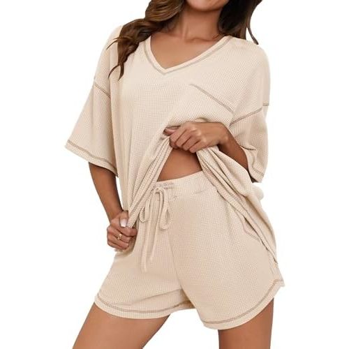 Womens Pajama Sets Waffle Knit 2 Piece Short Lounge Set Cute Sleep Loungewear Pjs Set Short Sleeve Top and Shorts