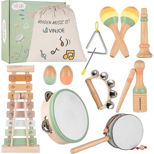 VINJOE Baby Musical Instruments-Toddler Montessori Wooden Musical Toys for Kids 1-3, Neutral Colors Percussion Instruments Set Early Learning Musical Toys for Preschool Educational Birthday Gifts