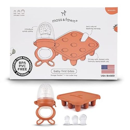 Moss and Fawn Baby's First Bites Bundle - Silicone Frozen Breast Milk Popsicle Kit with Forage Feeder & Teething Popsicle Ice Cube Tray - BPA, PVC, & Lead-Free - Foliage