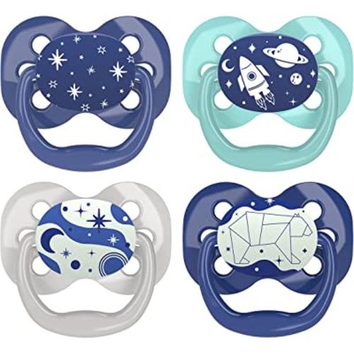 Dr. Brown's Advantage Glow-in-the-Dark Pacifier, 100% Silicone Baby Paci Symmetrical Soother, 0-6m, BPA free, Blue, 4 Pack
