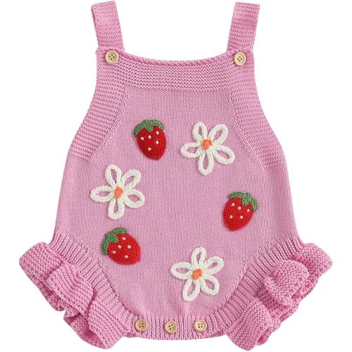 Newborn Sweater Romper Baby Girl Crochet Knit Sweaters Rompers Embroidery Flower Strawberry Outfit Sleeveless Bodysuit