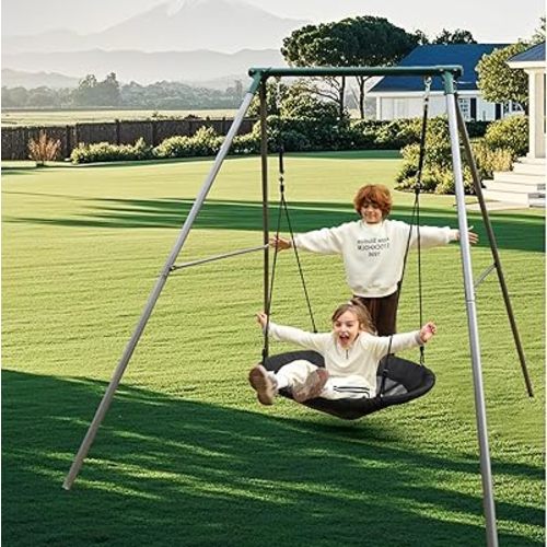 39" Saucer Swing Set with 2" Frame Stand and Adjustable Rope, Metal Swingsets for Backyard and Playground, Heavy Duty Outdoor Swing Set for Kids Ages 3+, 440 lbs Capability, 71.6" High