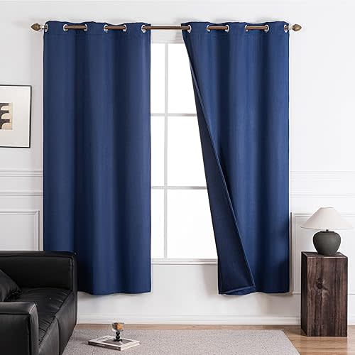 NANPIPER 100% Blackout Curtains for Bedroom 63 Inch Length 2 Panels Set, Solid Thermal Insulated Energy Saving Window Treatment Curtains Grommet Top Drapes, W42 x L63 Inches, Dark Blue
