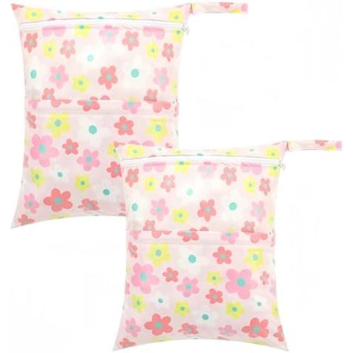 2-Pack Baby Wet Dry Bags Waterproof Reusable Diaper Bags with Two Zippered Pockets Travel Beach Pool Gym and Yoga Bag for Cloth Diapers Wet Clothes Swimsuits and Breast Pump Parts